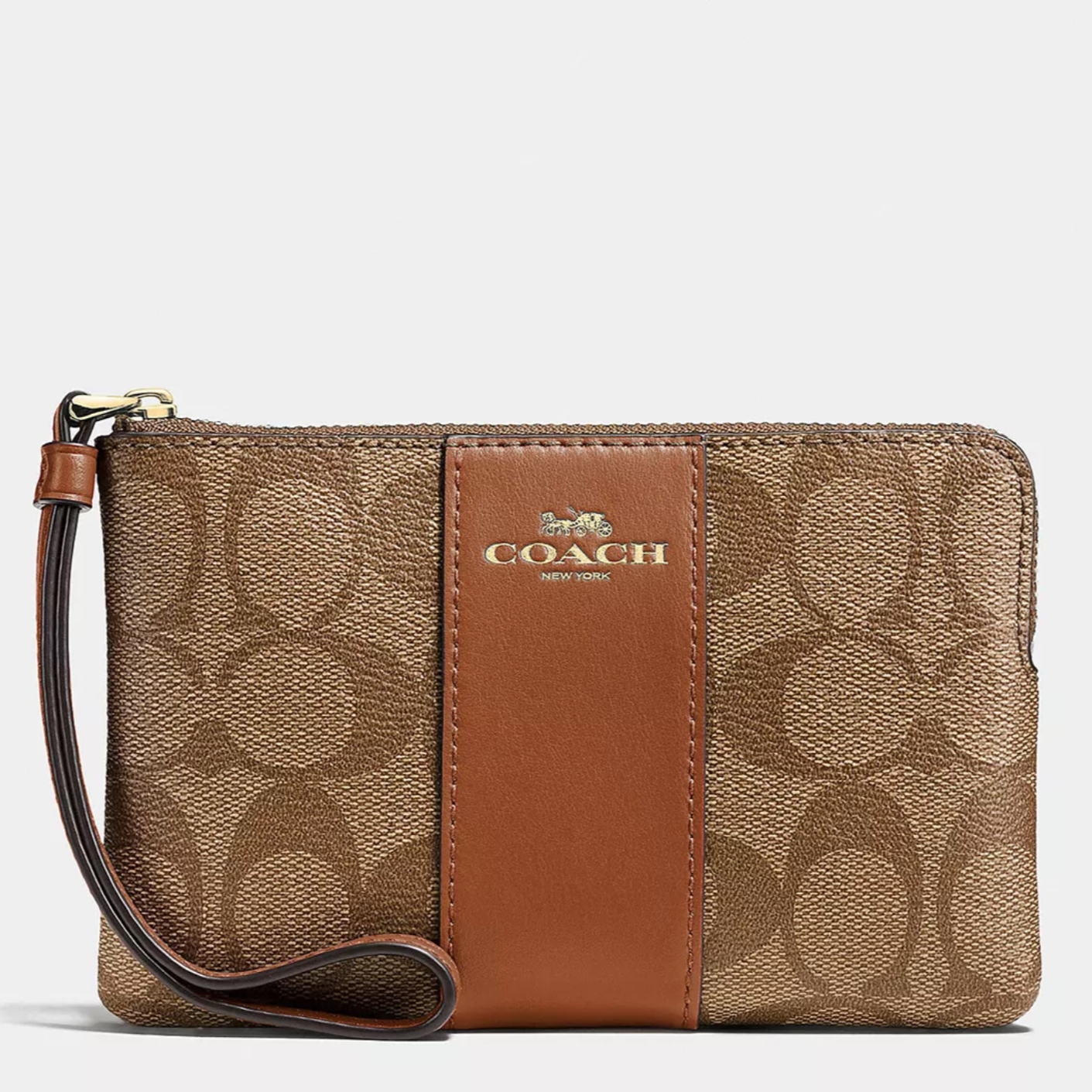 Coach Corner Zip Wristlet In Signature Canvas Khaki Saddle2 CS602