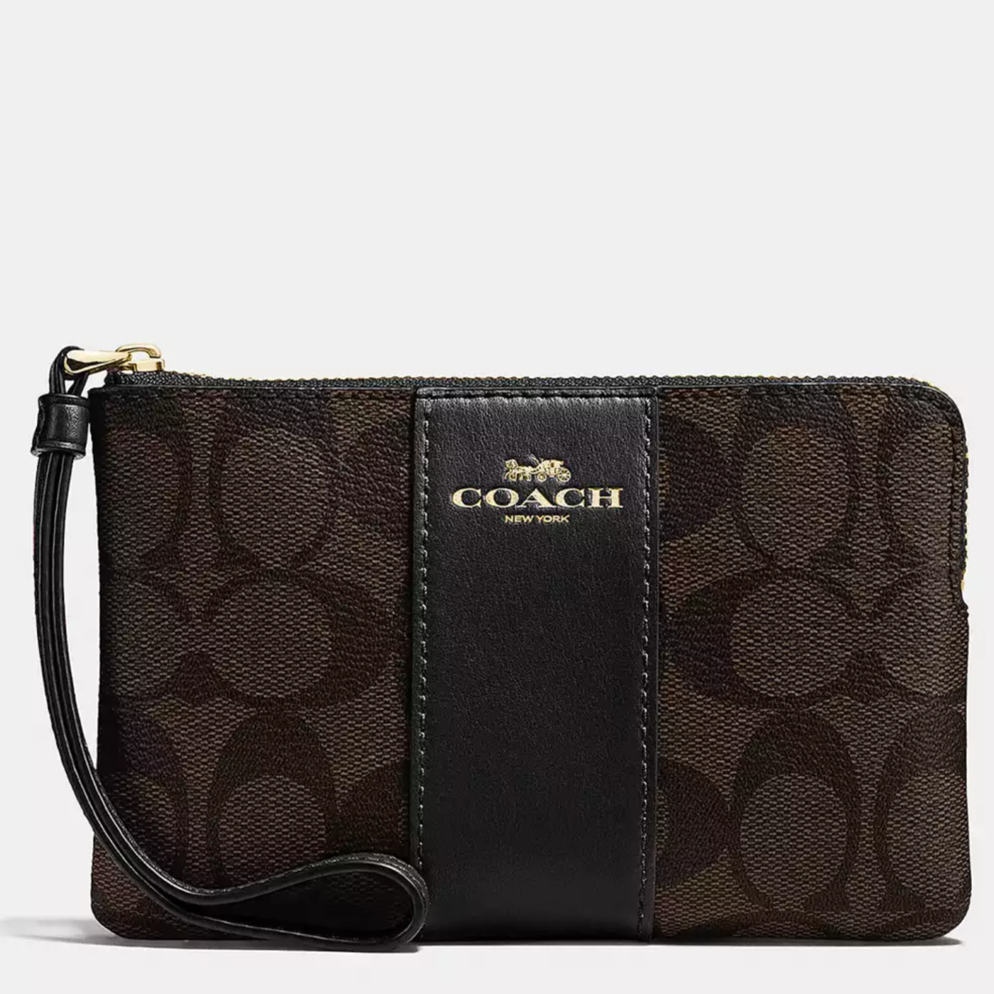 Coach Corner Zip Wristlet In Signature Canvas Brown Black CS602