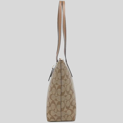 Coach Zip Top Tote In Signature Canvas 4455 Khaki Saddle 2