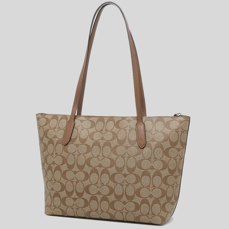 Coach Zip Top Tote In Signature Canvas 4455 Khaki Saddle 2